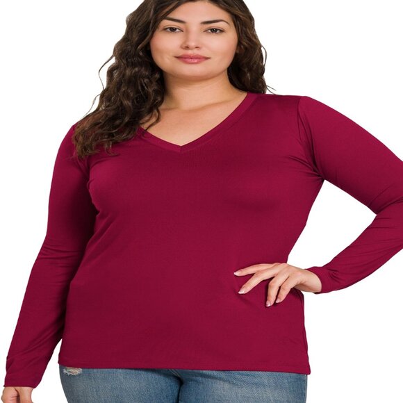ZENANA BUTTERY PLUS BRUSHED MICROFIBER LONG SLEEVE V NECK TOP CABERNET 1X-3X - Picture 1 of 2
